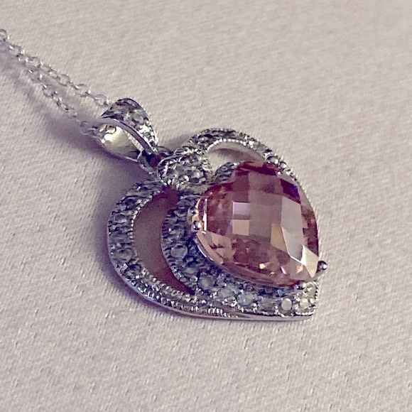 Double Heart 925 Silver Necklace & Pink Cubic Zirconia Heart Pendant - Picture 4 of 10